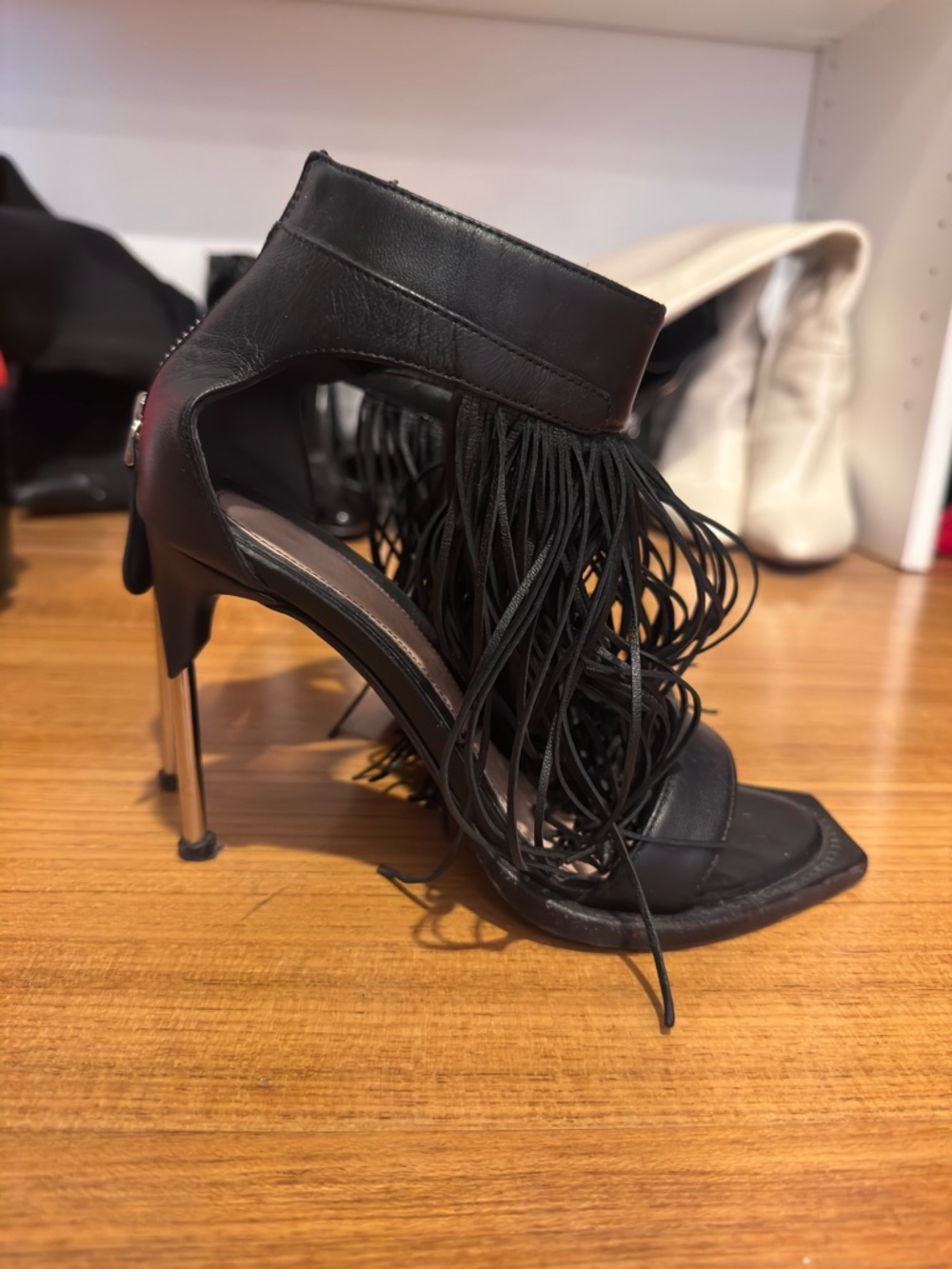 Alexander McQueen Black Fringe Stiletto Sandal